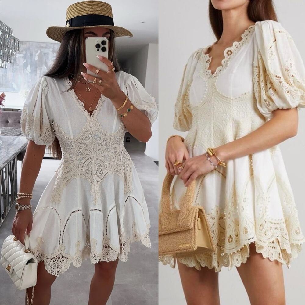 ZIMMERMANN Tiggy Embroidered Linen Puff Sleeve Mini Dresd